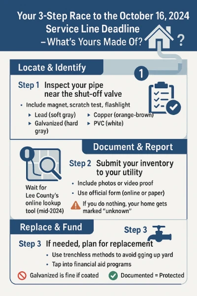 Not sure what kind of pipe runs from the street to your meter? This 3-step guide shows how to identify, report, and—if needed—replace your service line before the October 16, 2024 EPA deadline.