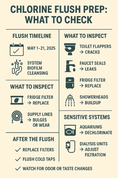 Quick-reference checklist to prepare your home for Lee County’s 2025 chlorine flush.