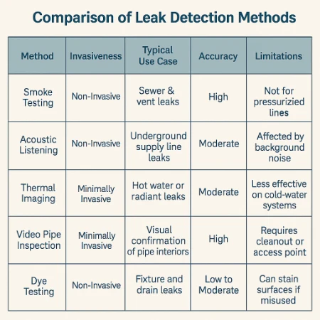 Comparison of common leak detection methods by invasiveness, accuracy, and use case.