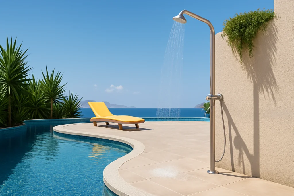Outdoor showers improve pool hygiene and reduce chemical demand by rinsing away contaminants.